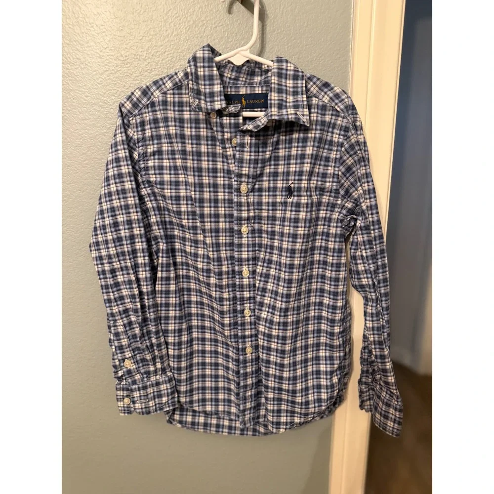 Ralph Lauren Boys Blue Plaid Button Down Shirt Long Sleeve Size 8 S/P EUC